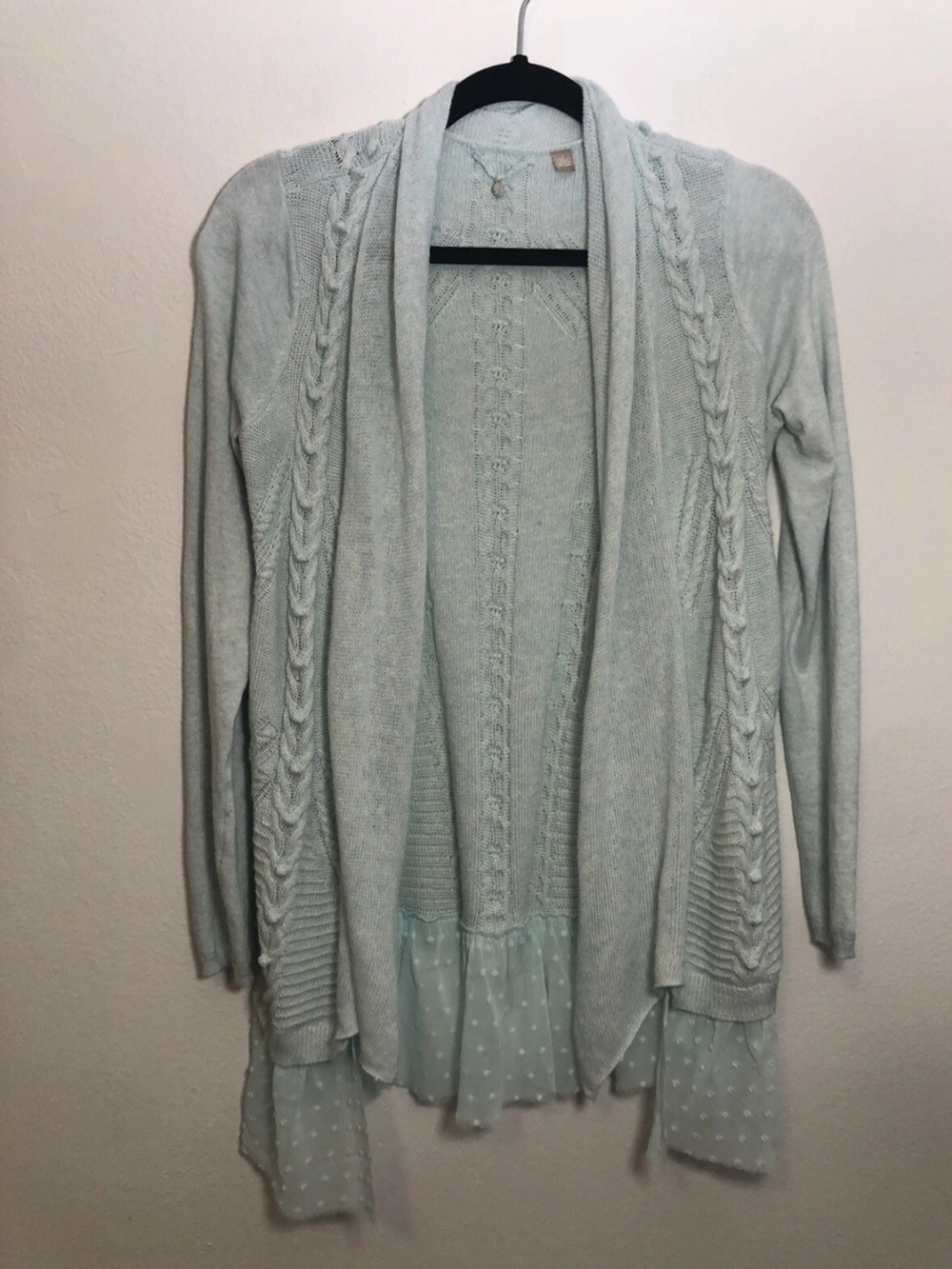 Anthropologie Mint Green Cable-Knit Open Front Cardigan with Chiffon Hem